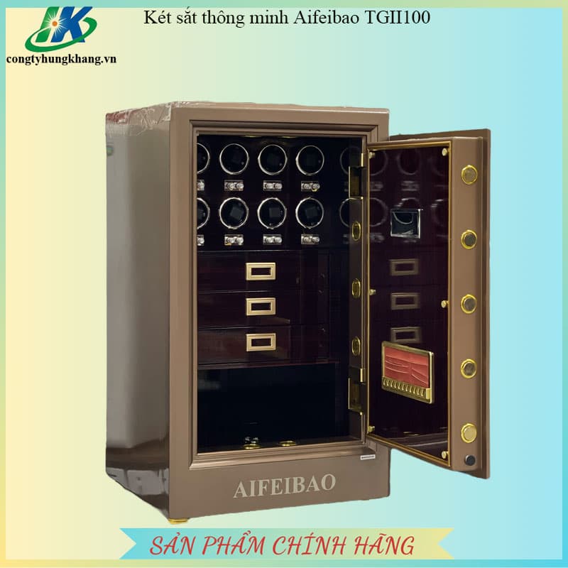 Két sắt Aifeibao HK-A1/D-100-TGII mở cửa nhìn nghiêng, tám hộp quay đồng hồ và ba ngăn kéo