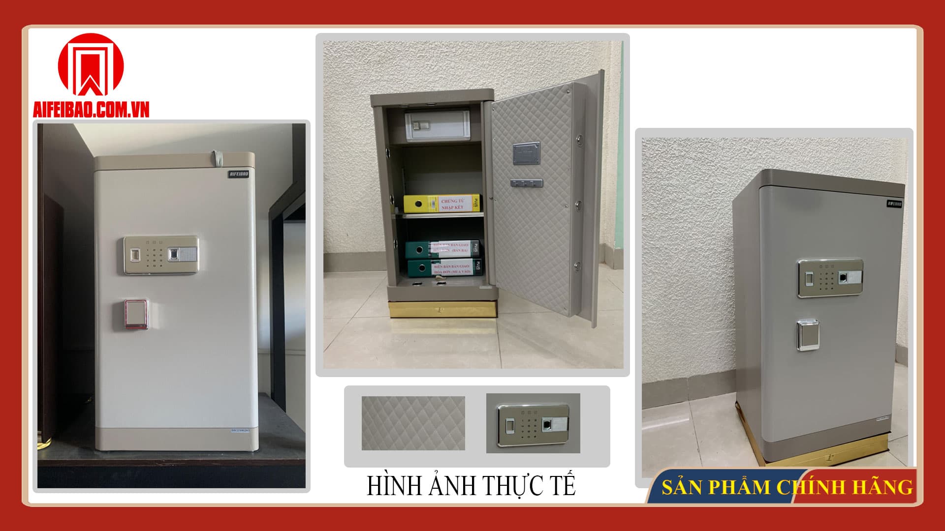 Mặt trước, nội thất và chi tiết bảng khóa két sắt Aifeibao HK-M/D-80-AL màu ghi xám