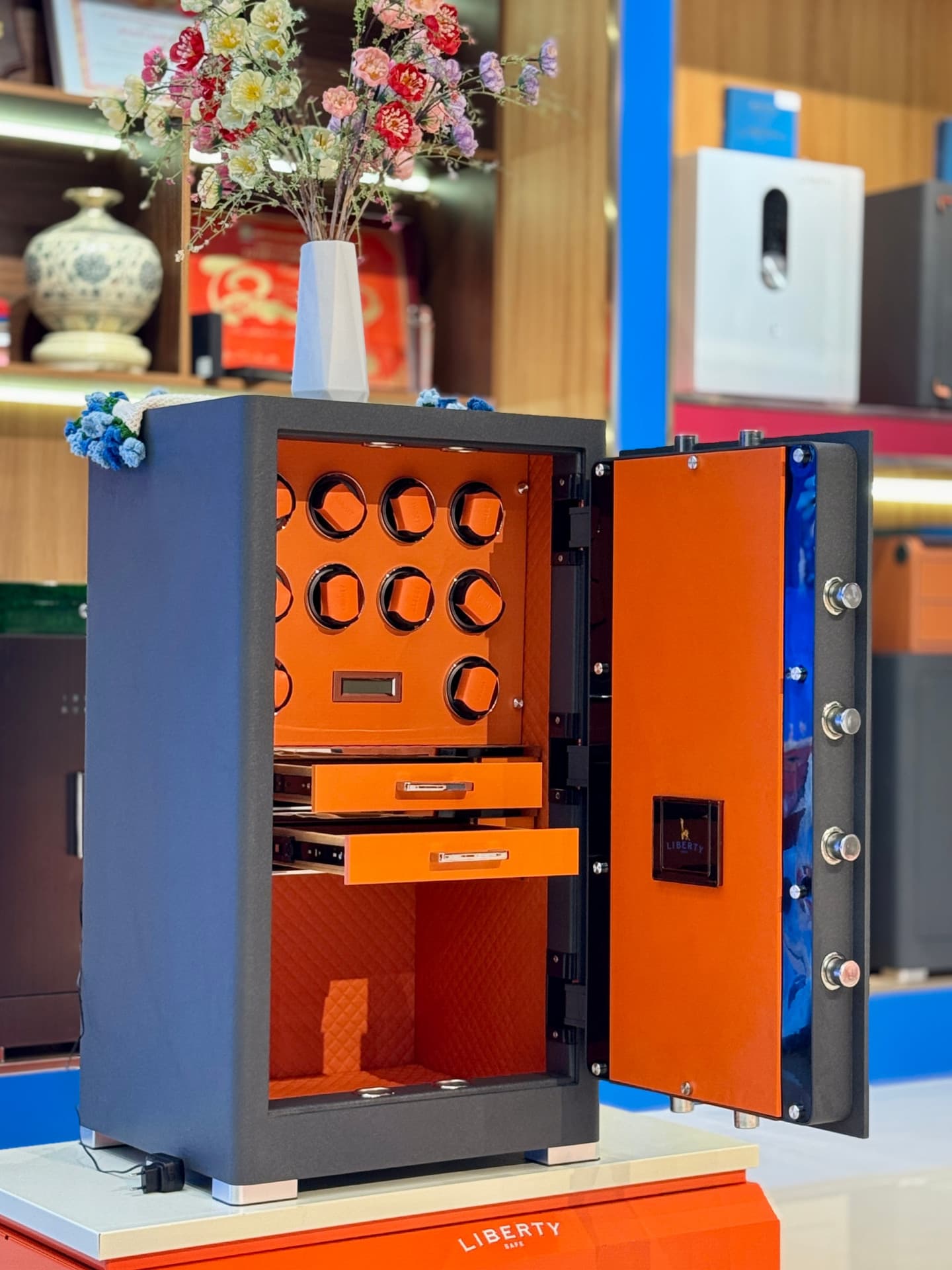 KÉT SẮT ĐỒNG HỒ CAO CẤP LIBERTY LB1000 PRO 10 WATCH WINDER 2 NGĂN KÉO - Nỉ Xám , Nỉ Vàng