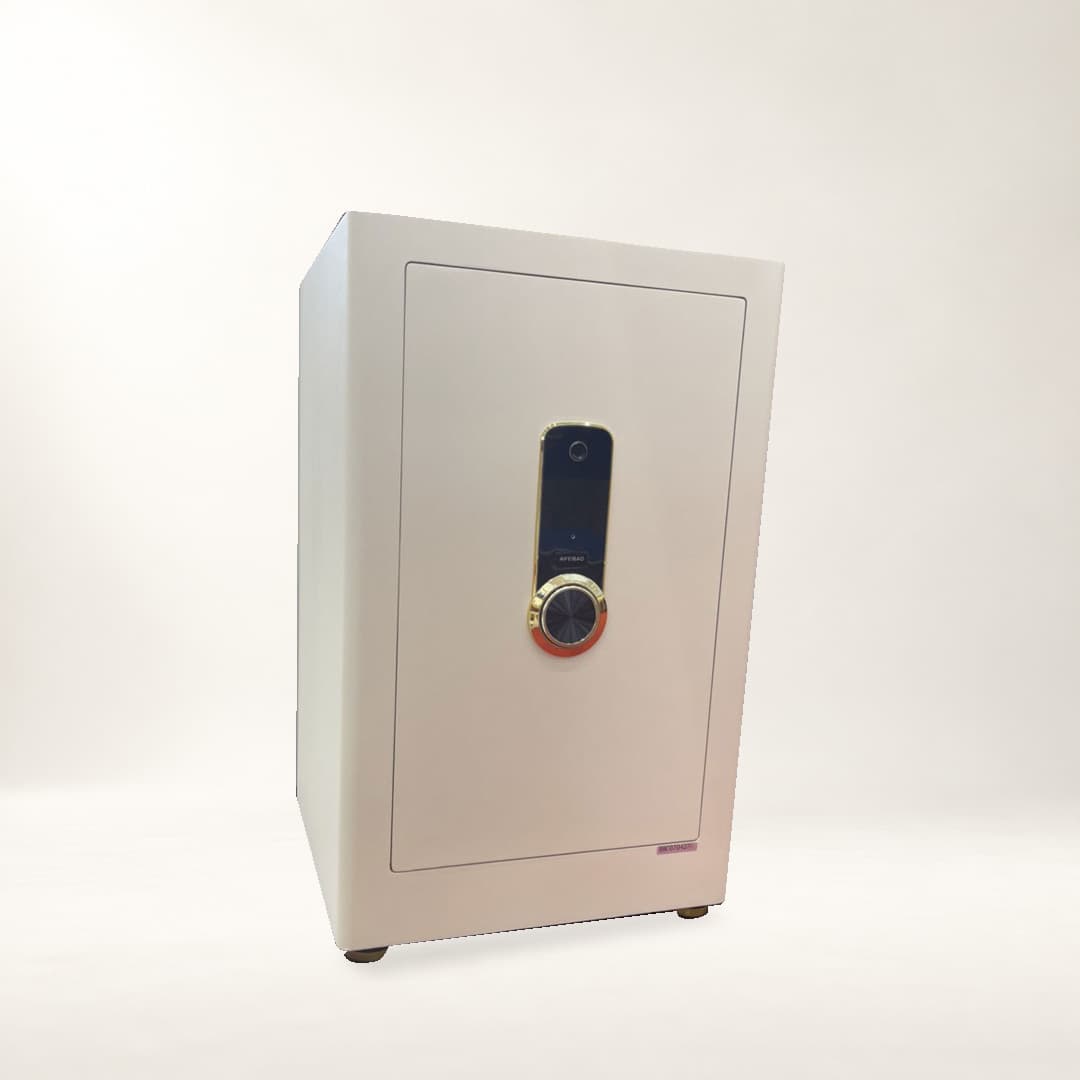 Két sắt Aifeibao HK-M/D-70-AS màu trắng nhìn từ phía trước và bên trái, ảnh sản phẩm ghép nền AI.