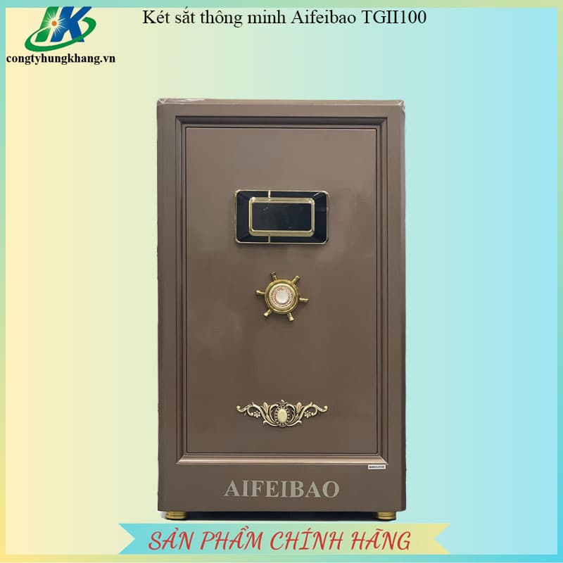 Mặt trước két sắt Aifeibao HK-A1/D-100-TGII tông nâu đồng, bảng khóa và tay nắm màu vàng