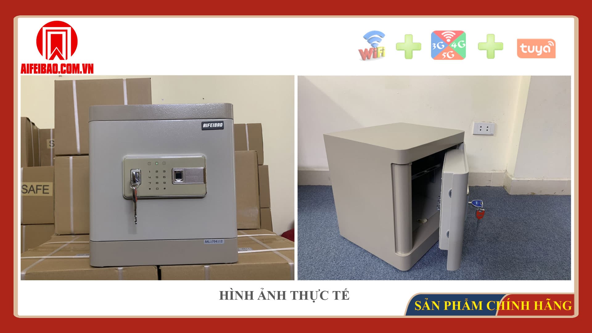 Mặt trước và góc mở cửa két sắt Aifeibao HK-M/D-40-AL màu ghi xám
