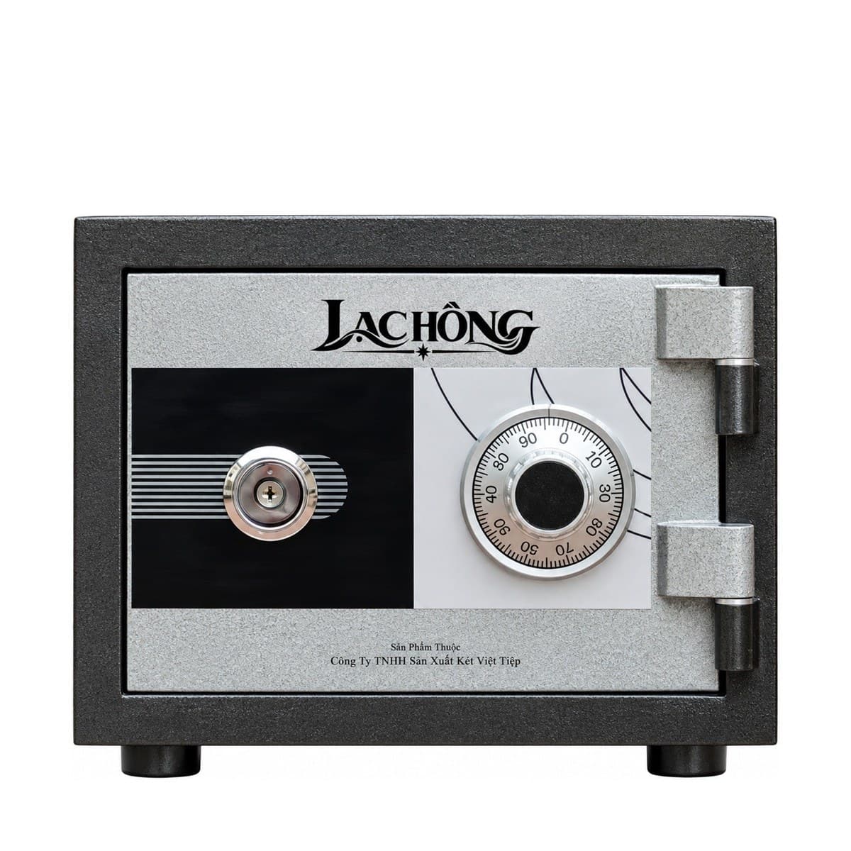 Két Lạc Hồng KE28 A, Đen bạc, cửa đóng, logo Lạc Hồng và tên nhà sản xuất trên mặt trước.