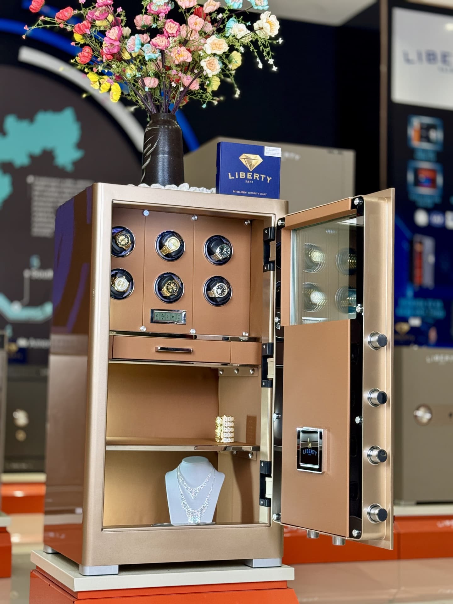 KÉT SẮT ĐỒNG HỒ CAO CẤP LIBERTY LB1000 PRO 6 WATCH WINDER – KÍNH CƯỜNG LỰC - Nỉ Trắng, Nỉ Xám , Nỉ Vàng