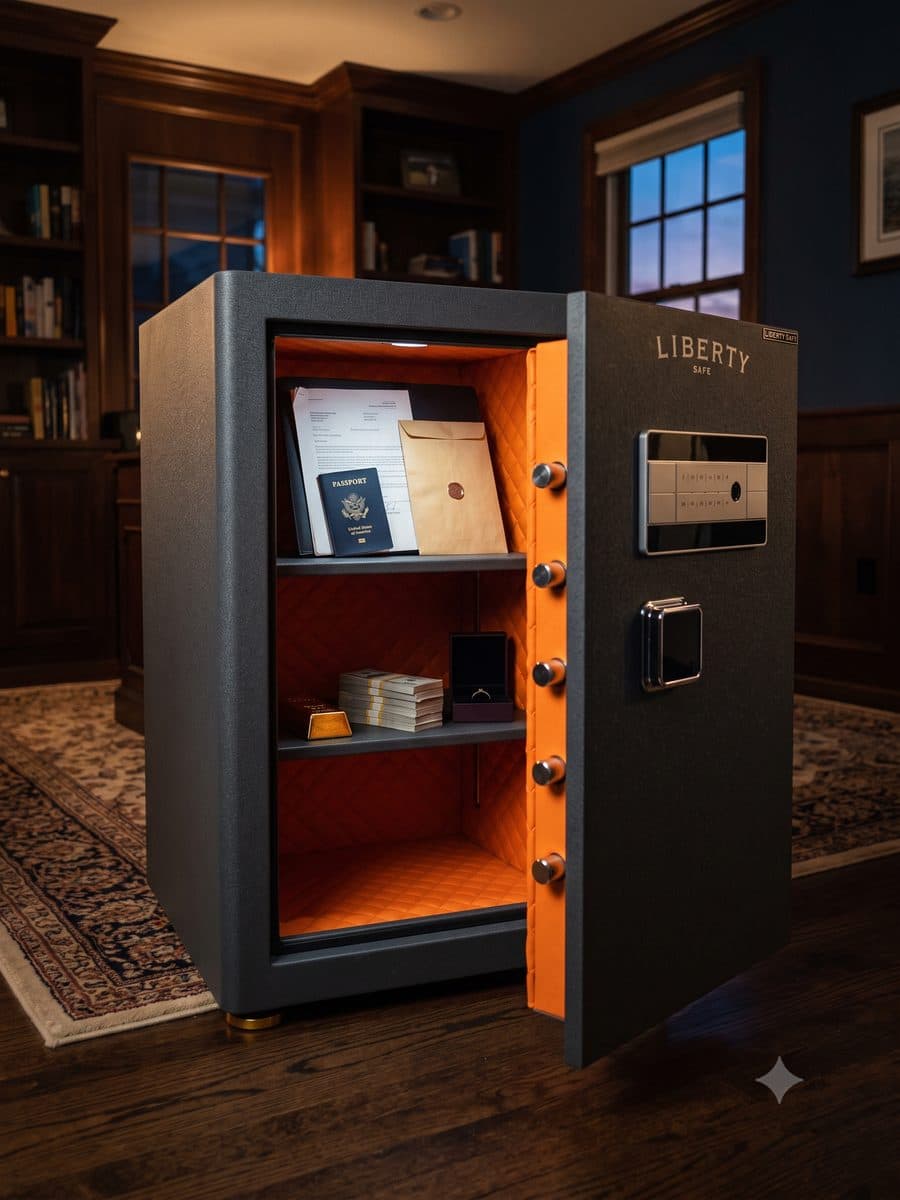 Két sắt Liberty LB68S mở cửa, giấy tờ và tiền bên trong (ảnh minh hoạ)