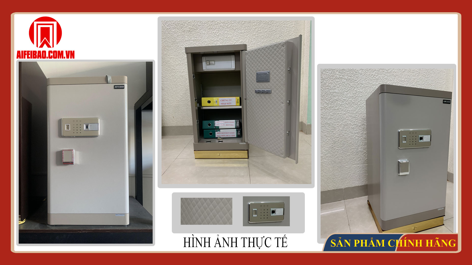 Mặt trước, nội thất và chi tiết bảng khóa két sắt Aifeibao HK-M/D-80-AL màu ghi xám