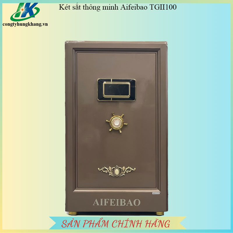 Mặt trước két sắt Aifeibao HK-A1/D-100-TGII tông nâu đồng, bảng khóa và tay nắm màu vàng
