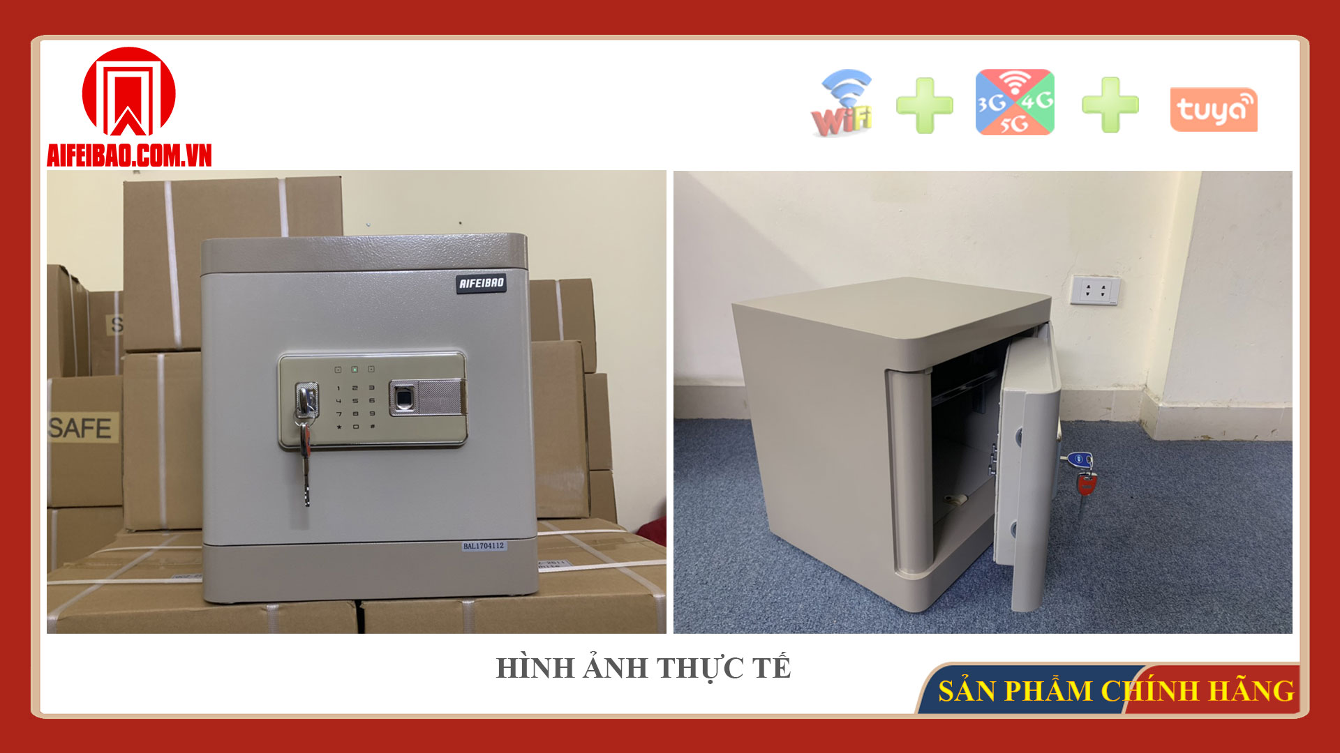 Mặt trước và góc mở cửa két sắt Aifeibao HK-M/D-40-AL màu ghi xám