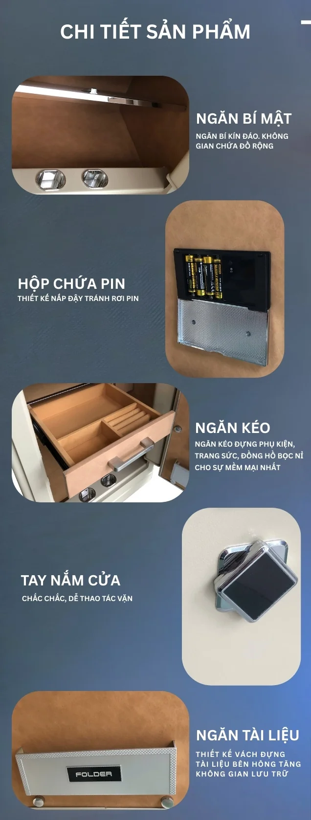 Minh họa ngăn phía dưới, hộp pin, ngăn kéo và tay nắm của dòng BOSHANG từ tài liệu Bofa