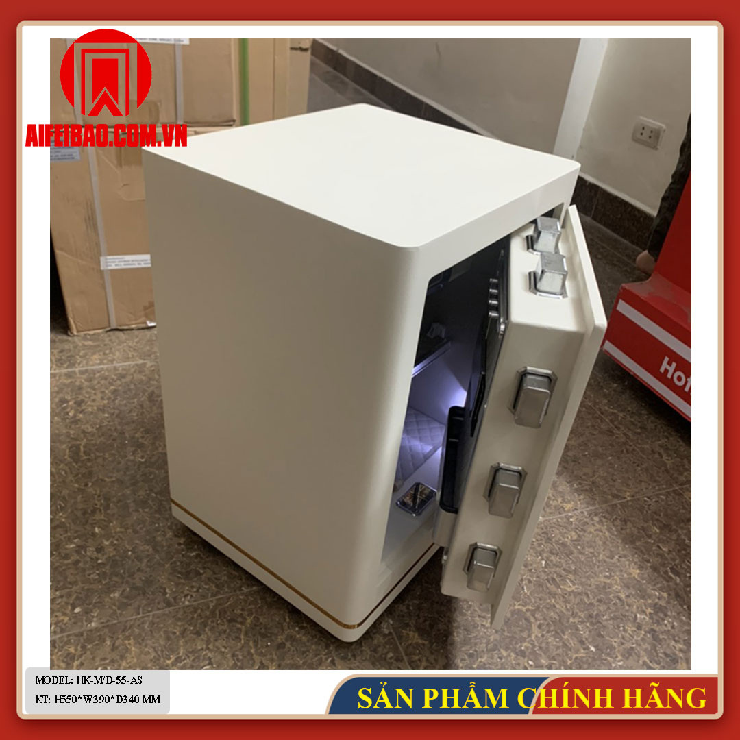 Két sắt Aifeibao HK-M/D-55-AS màu trắng mở cửa, nhìn từ phía trên và bên trái